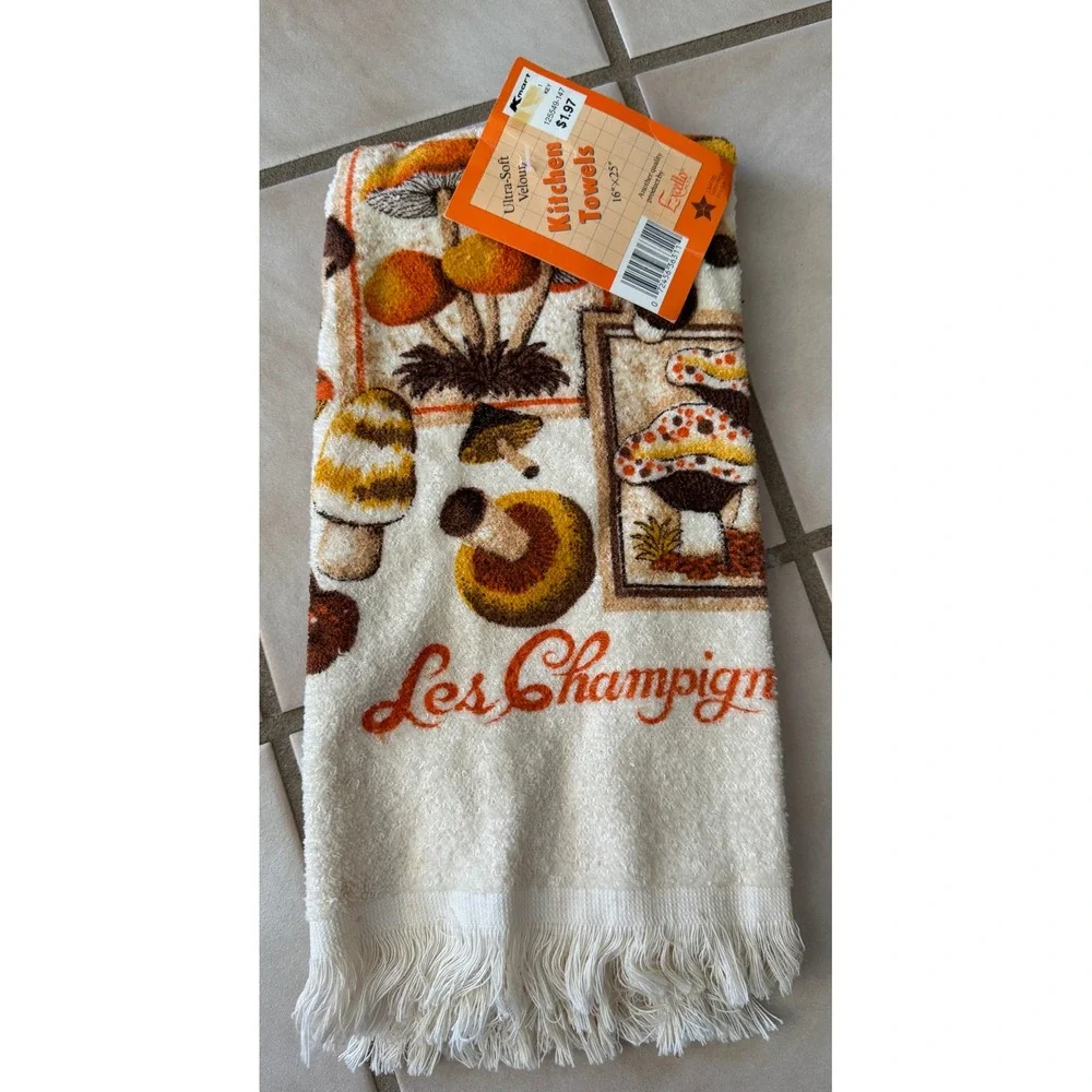 NWT Vintage Mushroom Champignons Kitchen Hand Towel Cotton Brown Orange